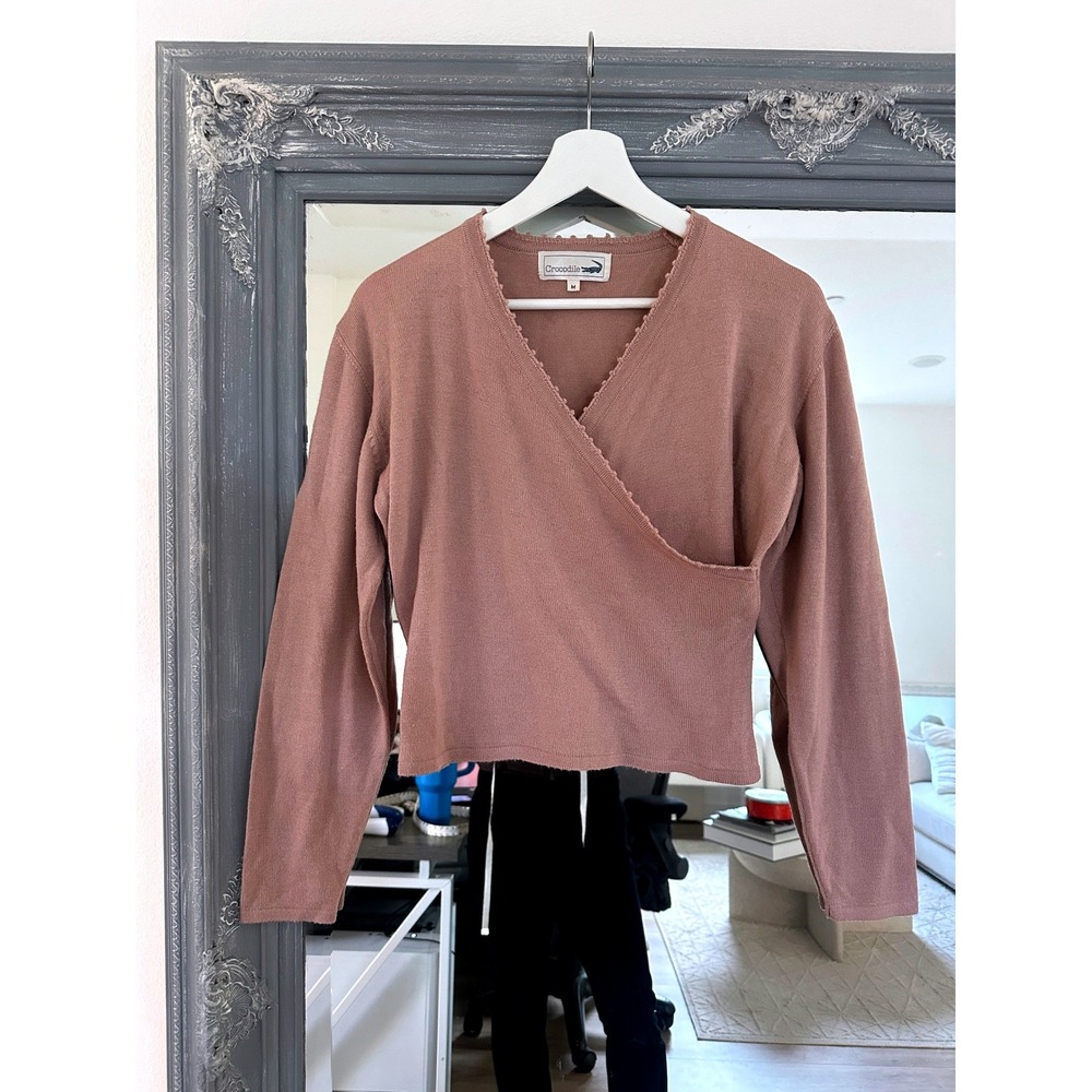 Crocodile Vintage Wool Scalloped V-Neck Long Sleeve Wrap Style Sweater M